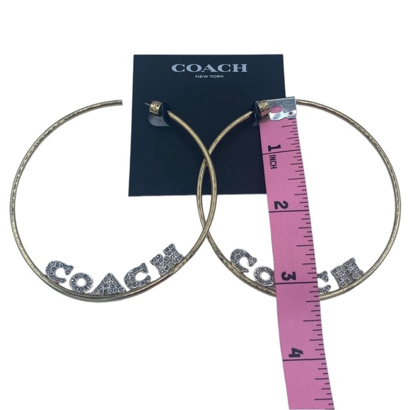 NWT Coach massive huge gold tone Signature Logo Hoop Earrings with rhinestones - Picture 7 of 13